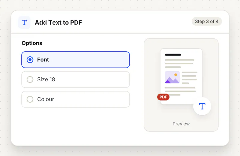 Add Text to PDF step 3: choose options such as Font, Size 18, Colour