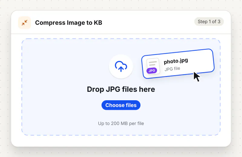 Compress Image to KB step 1: upload JPG files to the drop zone