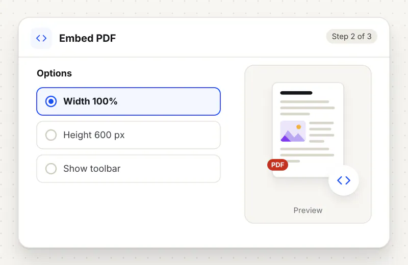Embed PDF in a Website step 2: choose options such as Width 100%, Height 600 px, Show toolbar