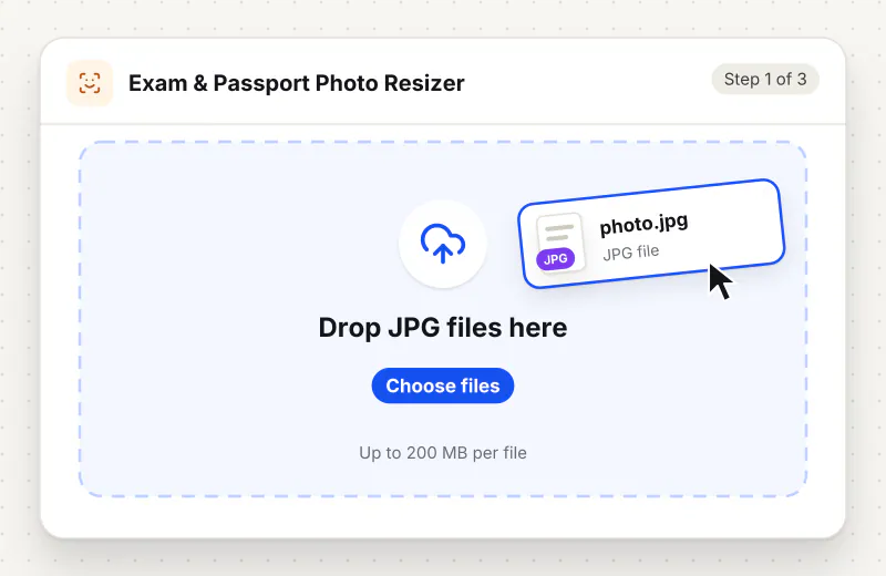 Exam & Passport Photo Resizer step 1: upload JPG files to the drop zone
