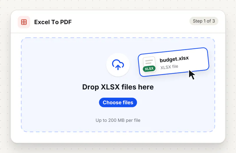 Excel to PDF Converter step 1: upload XLSX files to the drop zone