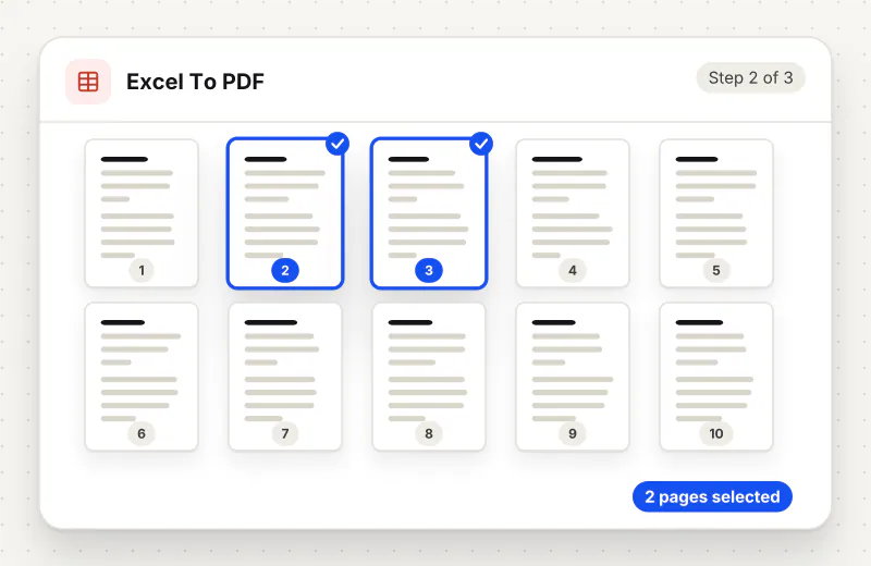 Excel to PDF Converter step 2: select pages in the thumbnail grid