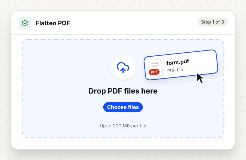 Flatten PDF step 1: upload a PDF to the drop zone