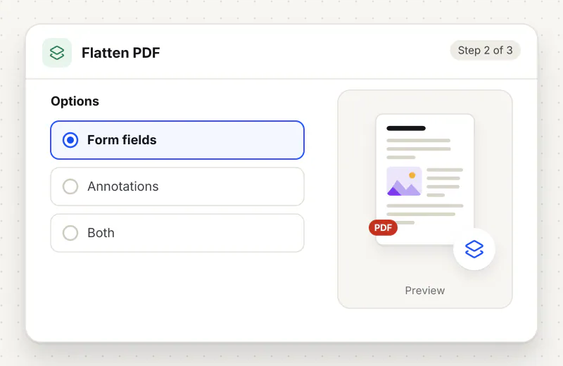 Flatten PDF step 2: choose options such as Form fields, Annotations, Both