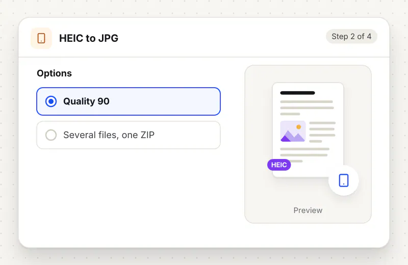 HEIC to JPG Converter step 2: choose options such as Quality 90, Several files, one ZIP