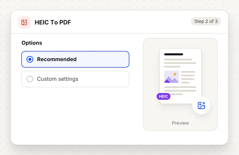 HEIC to PDF Converter step 2: choose options such as Recommended, Custom settings