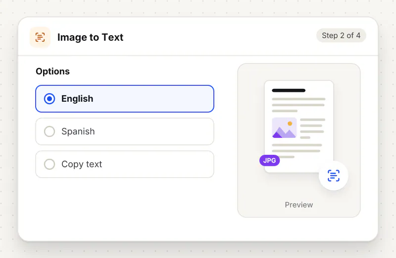 Image to Text Converter step 2: choose options such as English, Spanish, Copy text