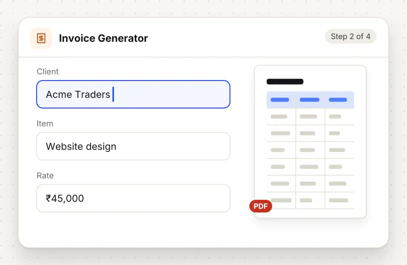 Free Invoice Generator step 2: fill in details such as client, item, rate