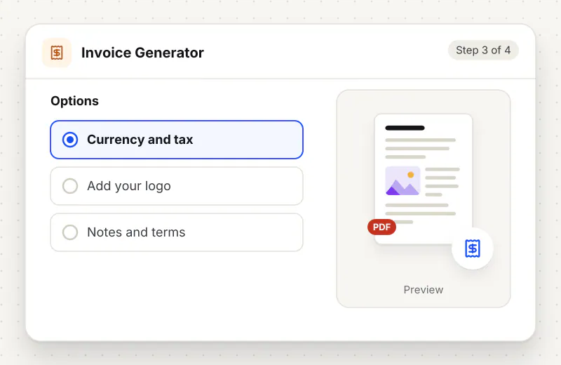 Free Invoice Generator step 3: choose options such as Currency and tax, Add your logo, Notes and terms