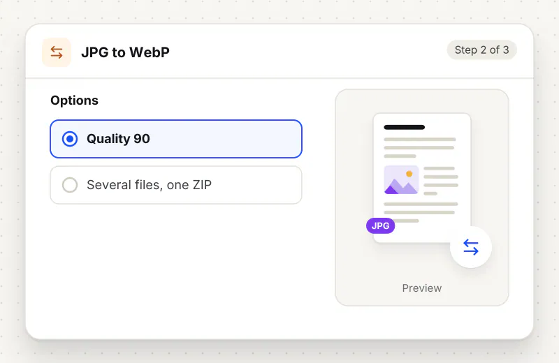 JPG to WebP Converter step 2: choose options such as Quality 90, Several files, one ZIP