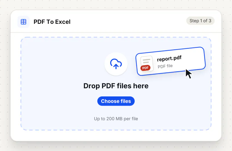 PDF to Excel Converter step 1: upload a PDF to the drop zone