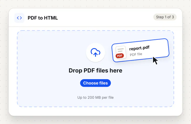 PDF to HTML Converter step 1: upload a PDF to the drop zone