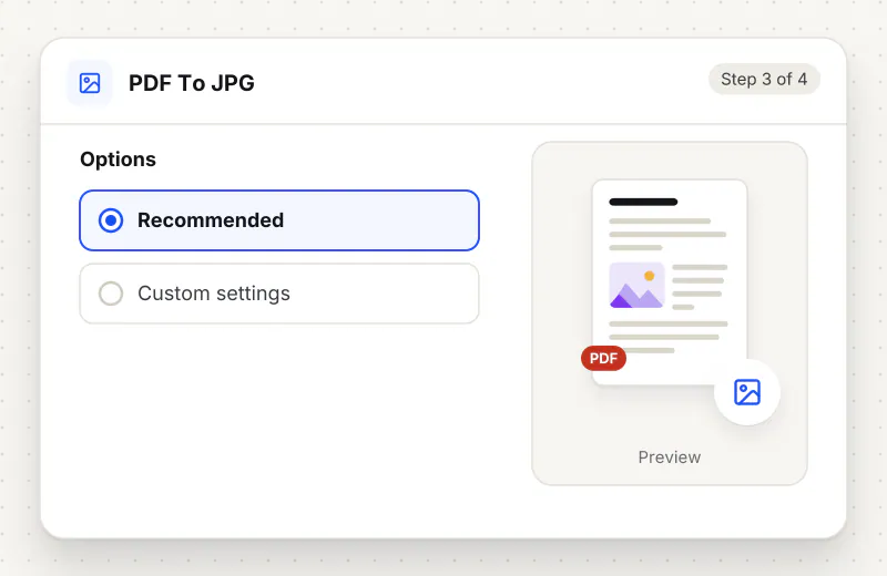 PDF to JPG step 3: choose options such as Recommended, Custom settings