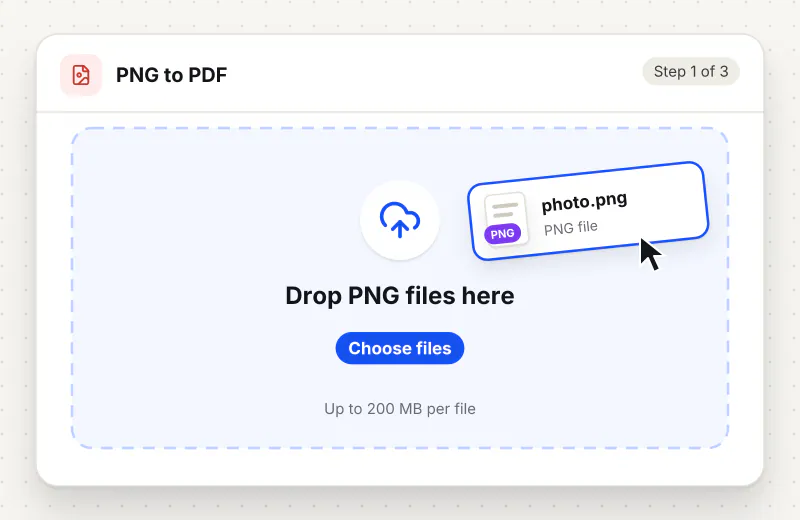 PNG to PDF Converter step 1: upload PNG files to the drop zone