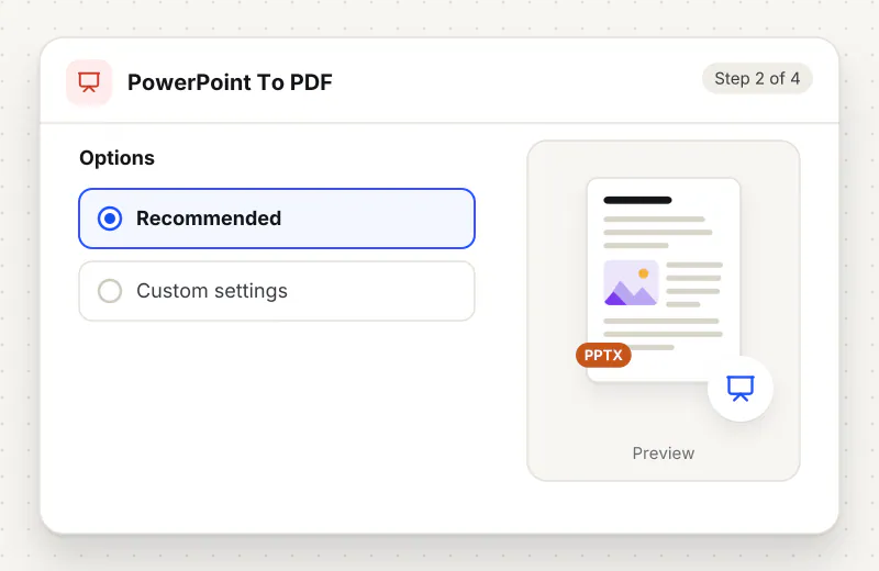 PowerPoint to PDF Converter step 2: choose options such as Recommended, Custom settings