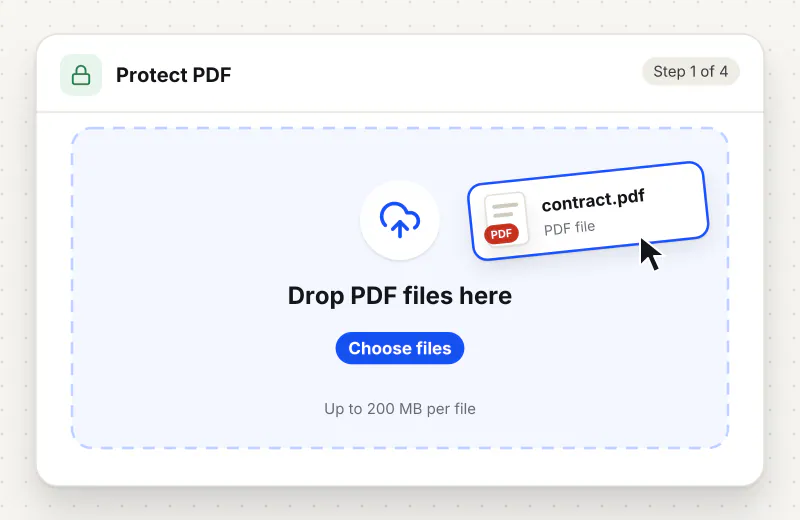 Password Protect PDF step 1: upload a PDF to the drop zone
