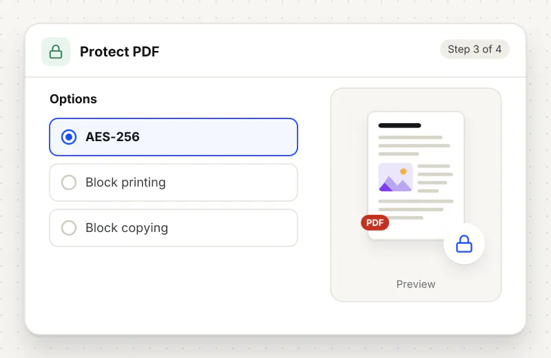 Password Protect PDF step 3: choose options such as AES-256, Block printing, Block copying