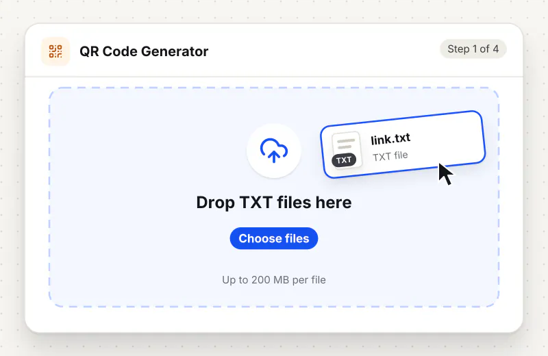 QR Code Generator step 1: upload TXT files to the drop zone