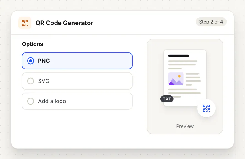 QR Code Generator step 2: choose options such as PNG, SVG, Add a logo