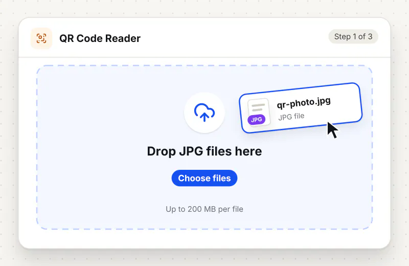 QR Code Reader step 1: upload JPG files to the drop zone