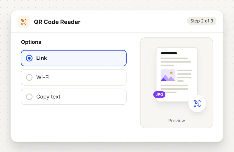 QR Code Reader step 2: choose options such as Link, Wi-Fi, Copy text