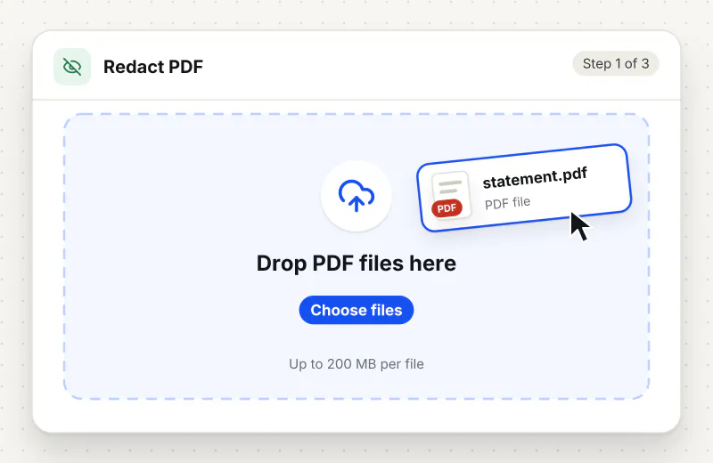 Redact PDF step 1: upload a PDF to the drop zone