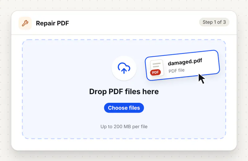 Repair PDF step 1: upload a PDF to the drop zone
