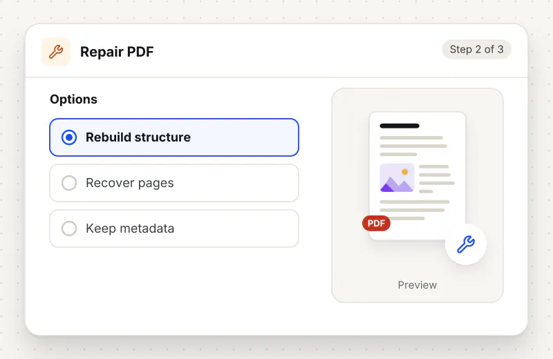 Repair PDF step 2: choose options such as Rebuild structure, Recover pages, Keep metadata