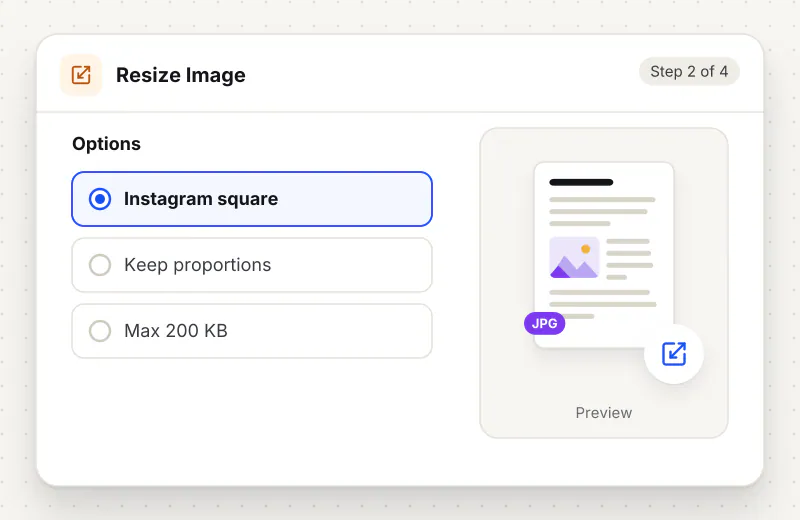 Resize Image step 2: choose options such as Instagram square, Keep proportions, Max 200 KB