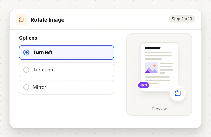 Rotate Image step 2: choose options such as Turn left, Turn right, Mirror