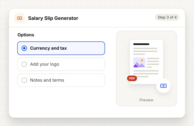 Salary Slip Generator step 3: choose options such as Currency and tax, Add your logo, Notes and terms