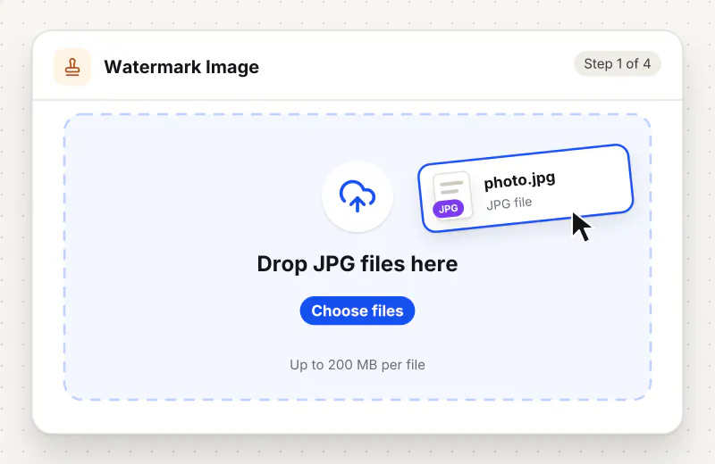Watermark Image step 1: upload JPG files to the drop zone