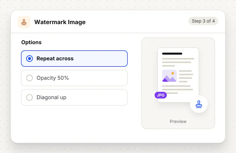 Watermark Image step 3: choose options such as Repeat across, Opacity 50%, Diagonal up