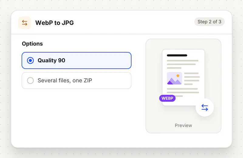 WebP to JPG Converter step 2: choose options such as Quality 90, Several files, one ZIP