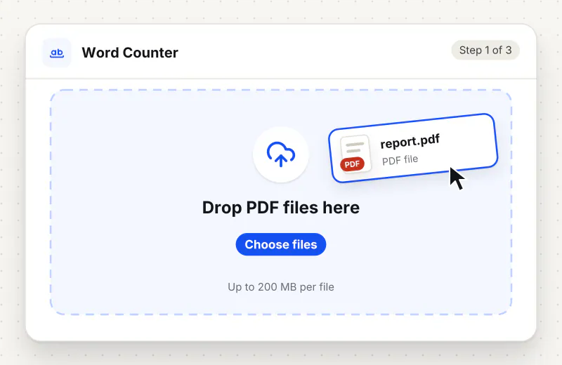 Word Counter step 1: upload a PDF to the drop zone
